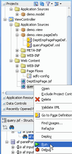 「query」を選択し、コンテキスト・メニューの「Run」がハイライト表示された状態のアプリケーション・ナビゲータ。