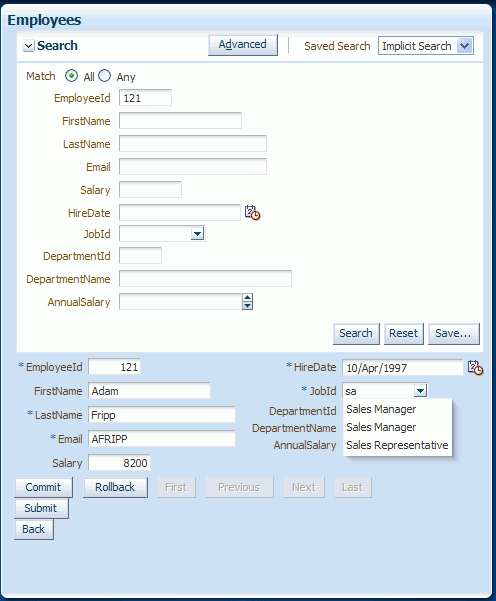 's'の後に文字'a'が入力されたJobIdフィールドを示すSearchページ。 リストには'sa'で始まる3つのエントリが表示されています。