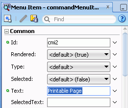 TextフィールドにPrintable Pageがハイライト表示された状態のメニュー項目のプロパティ・インスペクタ。