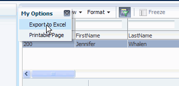 「Export to Excel」メニュー・オプションを選択した状態のMy Optionsメニュー