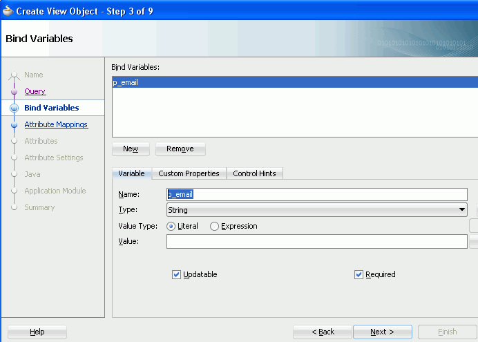 ウィザードのステップ3。Variable Nameボックスのバインド変数p_emailがハイライト表示されています。 「Literal」ラジオ・ボタンが選択され、Updatableチェック・ボックスにチェックが入っています。