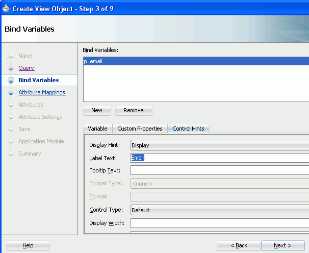 前と同じステップ3の図。今度は「Control Hints」タブが選択されています。 Label TextフィールドのEmailがハイライト表示されています。
