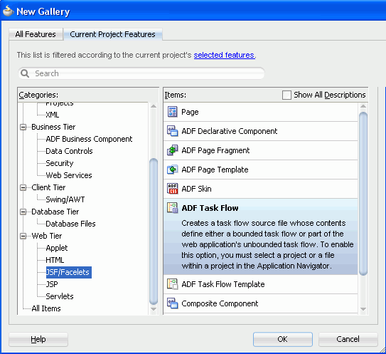 Categoriesペイン（左側）で「JSF/Facelets」を選択し、Itemsペイン（右側）で「ADF Task Flow」を選択した状態のNew Gallery。