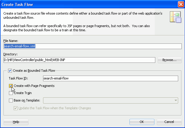 File Nameボックスのsearch-email-flow.xmlがハイライト表示され、「Create as Bounded Task Flow」と「Create with Page Fragments」の両方のチェック・ボックスが選択されているCreate Task Flowダイアログ。