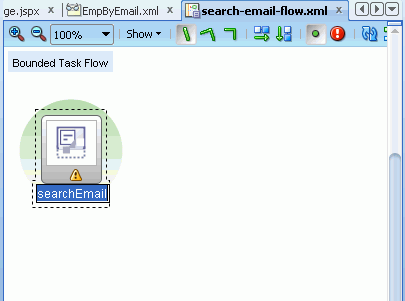 ビューが1つ追加されたタスク・フロー・ダイアグラム。searchEmailという名前がハイライト表示されています。