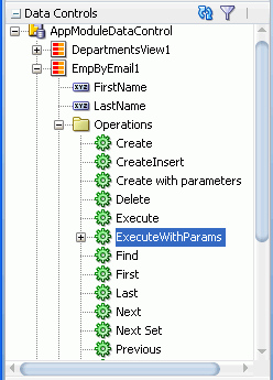 前と同じ図。EmpByEmailノードとOperationsサブノードが開いています。 「ExecuteWithParams」操作が選択されています。