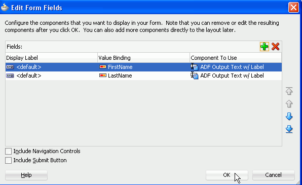 「OK」ボタンにカーソルを合わせ、デフォルト値を受け入れようとしているEdit Form Fieldsダイアログ。