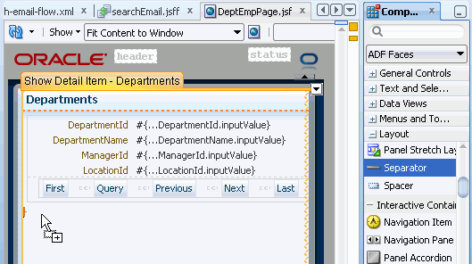 コンポーネント・パレットで「Separator」コンポーネントを選択し、カーソルを使ってDepartmentsページにドロップしようとしている様子。
