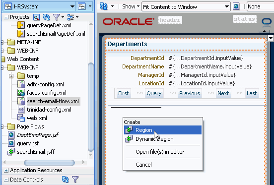 アプリケーション・ナビゲータで「search-email-flow」を選択し、カーソルをDepartmentsページに合わせ、フローをRegionとしてドロップしようとしている様子。