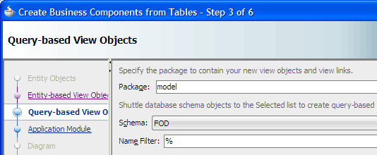Create Business Components from Tablesウィザード、ステップ3