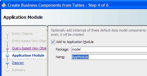 Create Business Components from Tablesウィザード、ステップ4