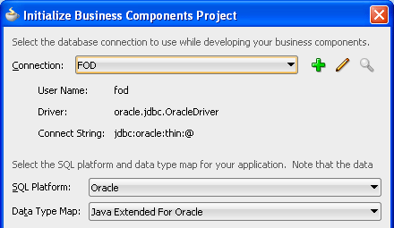 Initialize Business Components Projectダイアログの一部