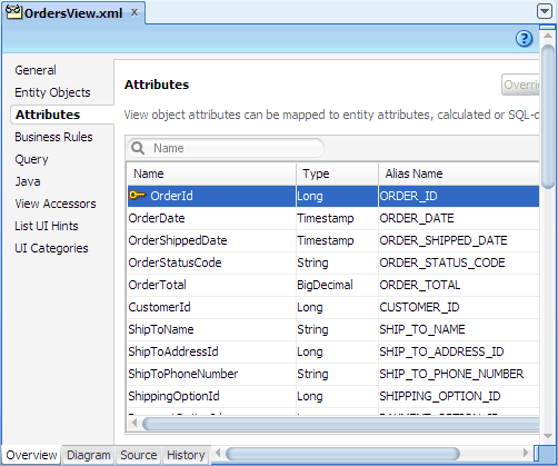 ビュー・オブジェクトの概要エディタ、Attributes