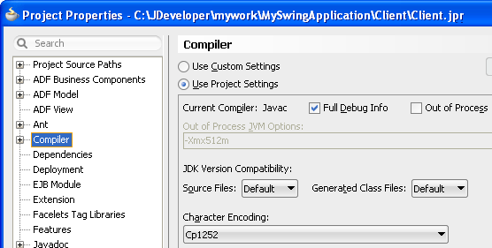 Project Properties、Compilerオプション・ダイアログ