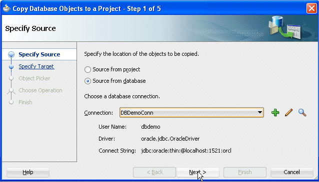 Copy Database Objects to a Projectダイアログ
