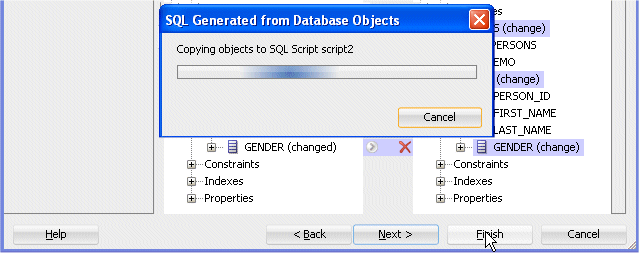 Generate SQL from Database Objectsダイアログ