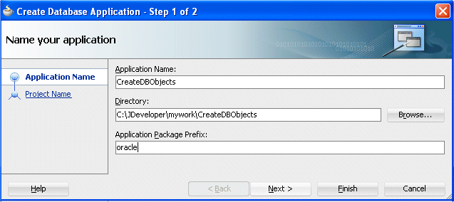 Create Database Applicationダイアログ
