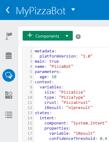 The PizzaBot OBotML definition in the Dialog Flow page.