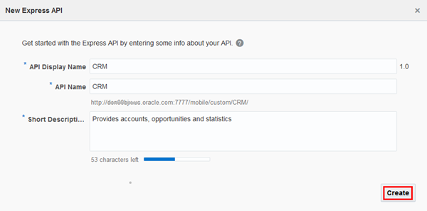New Express API dialog