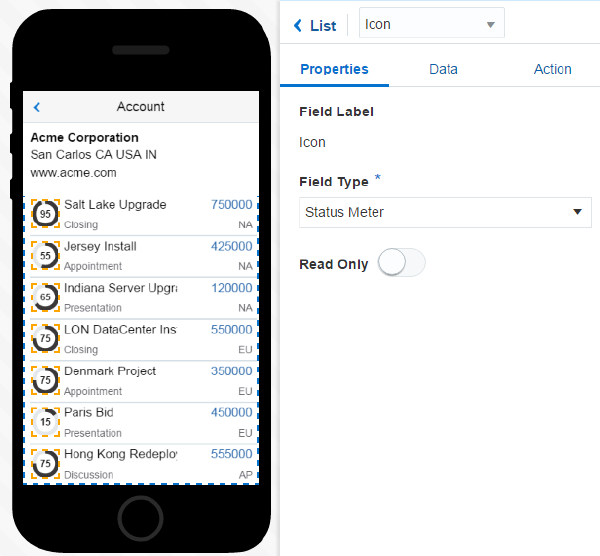 The icon field mapped as a status meter.