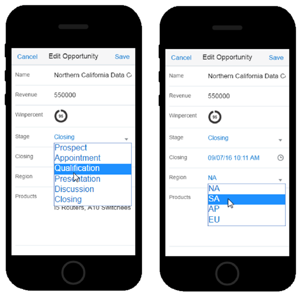 The Edit Opportunity screen select lists.