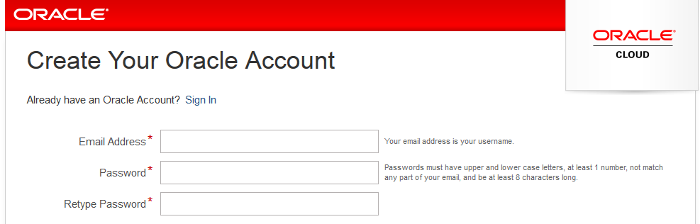 Create your Oracle Account page