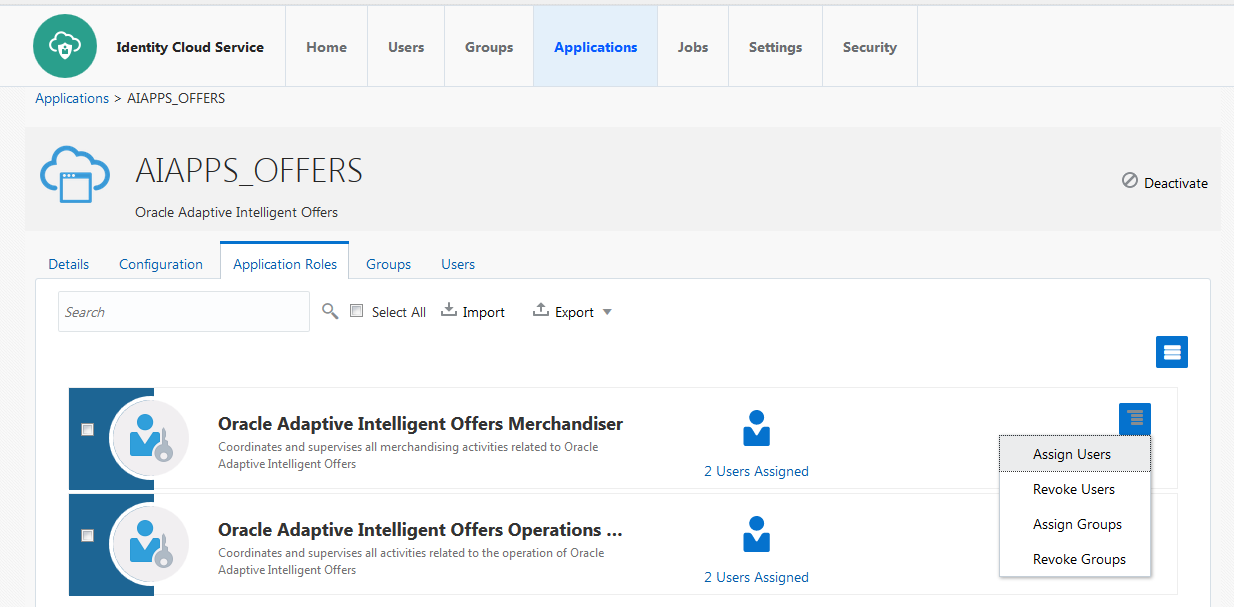 Applications tab in Oracle Identity Cloud Service