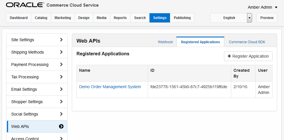 Registered Applications tab on the Web APIs page in Oracle Commerce Cloud Service