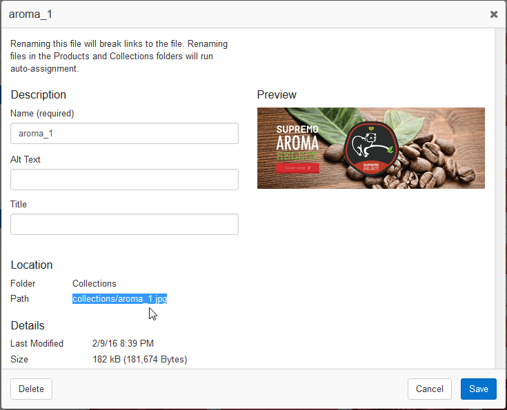 Promotion image dialog box on the Media page in Oracle Commerce Cloud Service