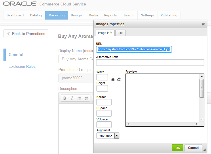 Image Properties dialog box on the Marketing page in Oracle Commerce Cloud Service
