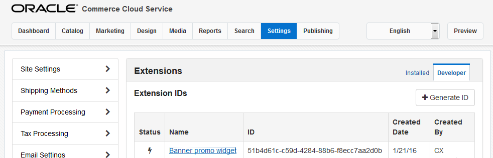Developer tab on the Extensions page in Oracle Commerce Cloud Service