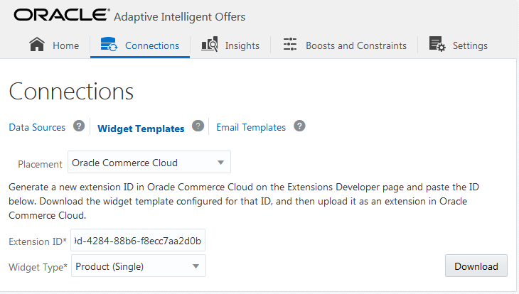 Widget Templates tab on the Connections page in Oracle Adaptive Intelligent Offers