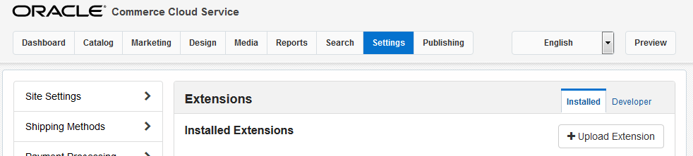 Installed tab on the Extensions page in Oracle Commerce Cloud Service