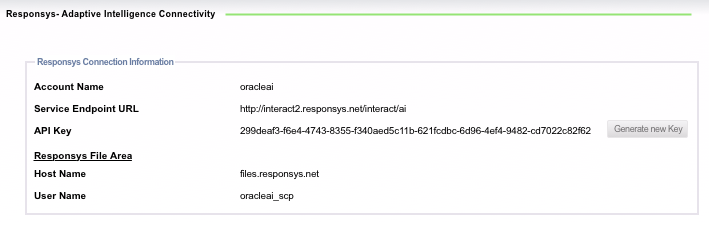Adaptive Intelligence Connectivity page in Oracle Responsys.