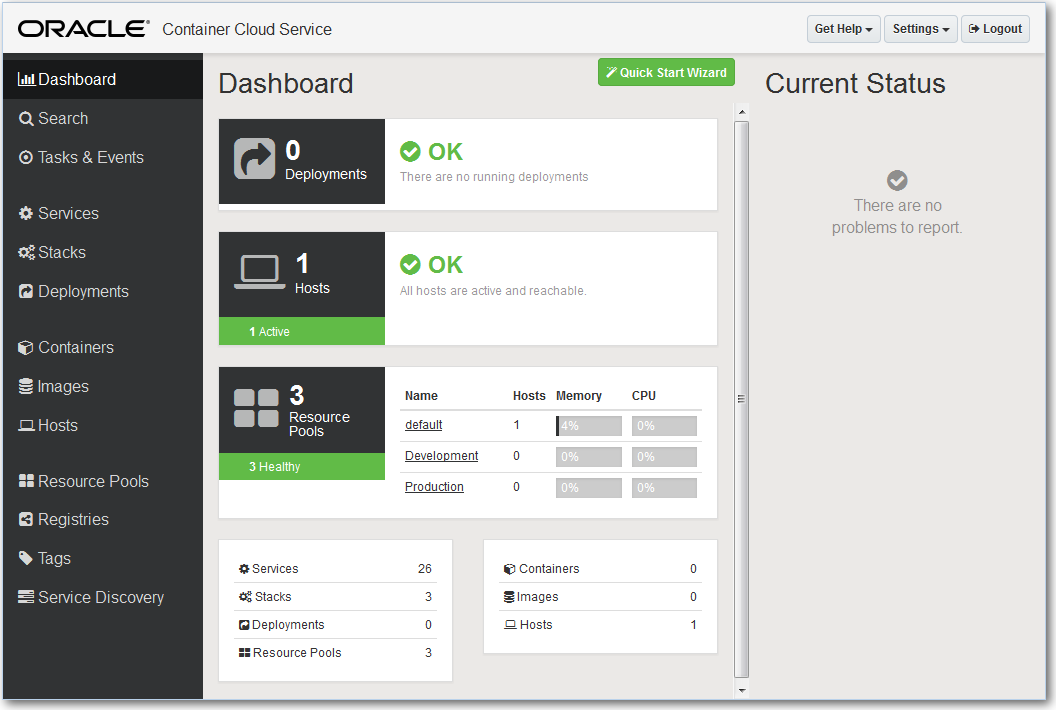Oracle Container Cloud Service dashboard