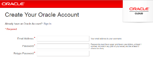 Create Your Oracle Account page Create Your Oracle Account page