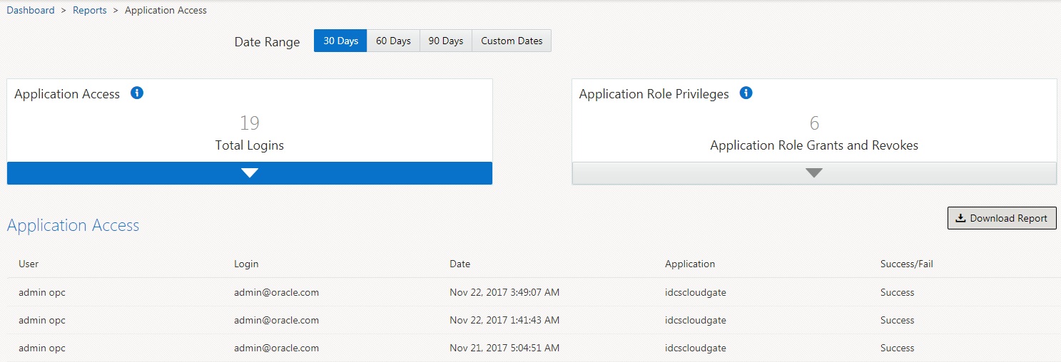 Application Access report displayed in Identity Cloud Service UI Application Access report displayed in Identity Cloud Service UI