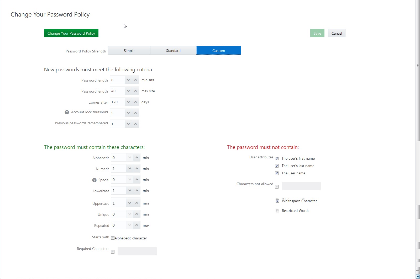 Modifying and saving the password policy with a custom criteria