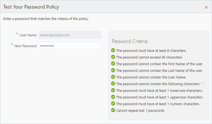 Test the password policy and matching the password criteria