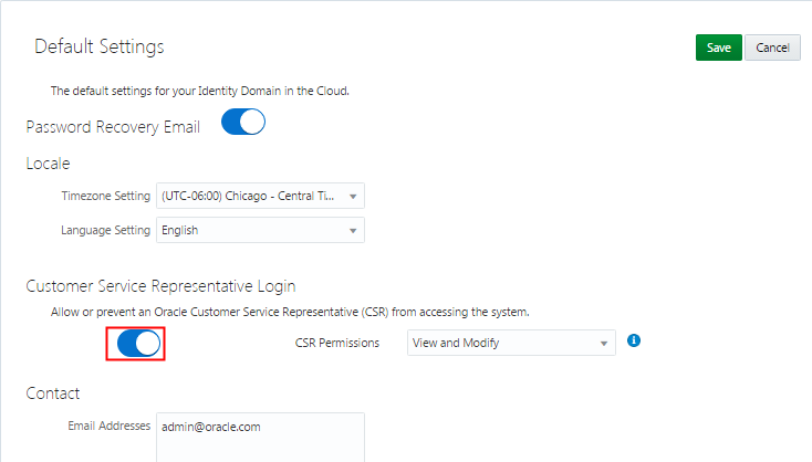 Settings tab in IDCS Administration Console.