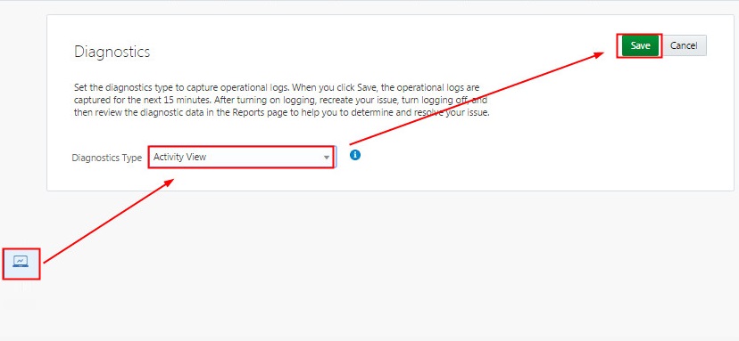 Accessing Settings > Diagnostics, selecting Activity View and clicking Save Accessing Settings > Diagnostics, selecting Activity View and clicking Save