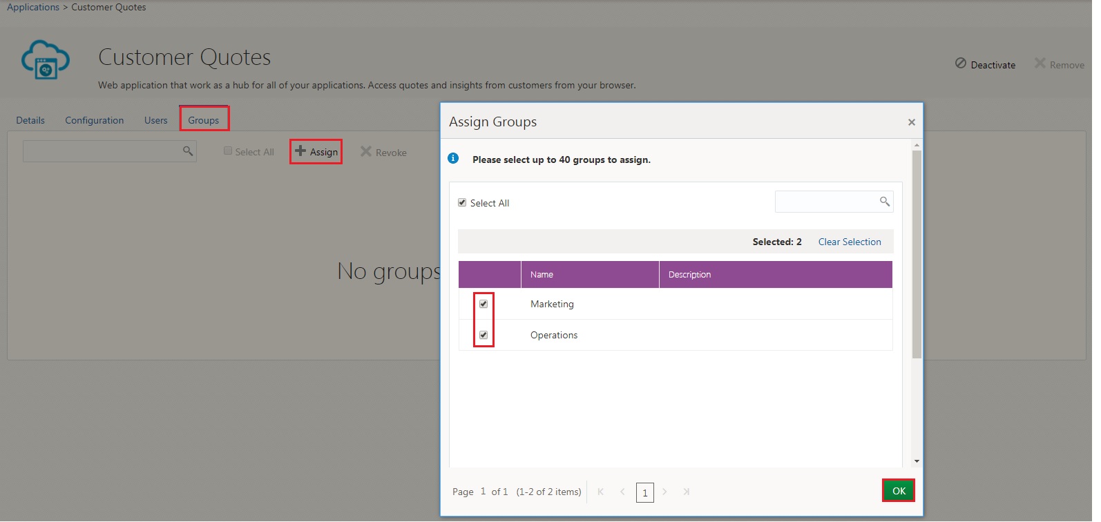 Identity Cloud Service Application. Popup with users selected for assignment.