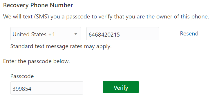 The Recovery Phone Number pane