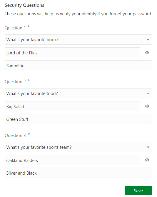 The Security Questions pane