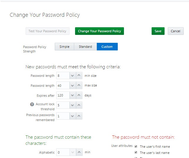 Modifying and saving the password policy with a custom criteria