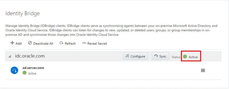 Identity Bridge page with a list of current connections. Status displayed as Active.