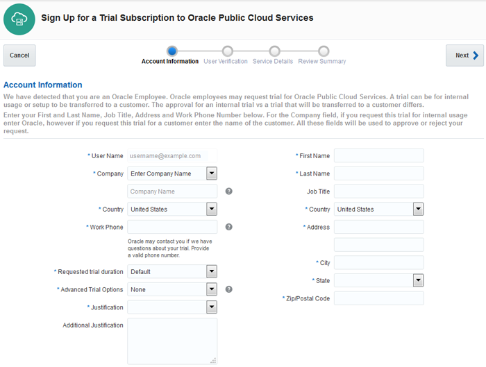 Sign Up for Oracle Public Cloud Services page Sign Up for Oracle Public Cloud Services page