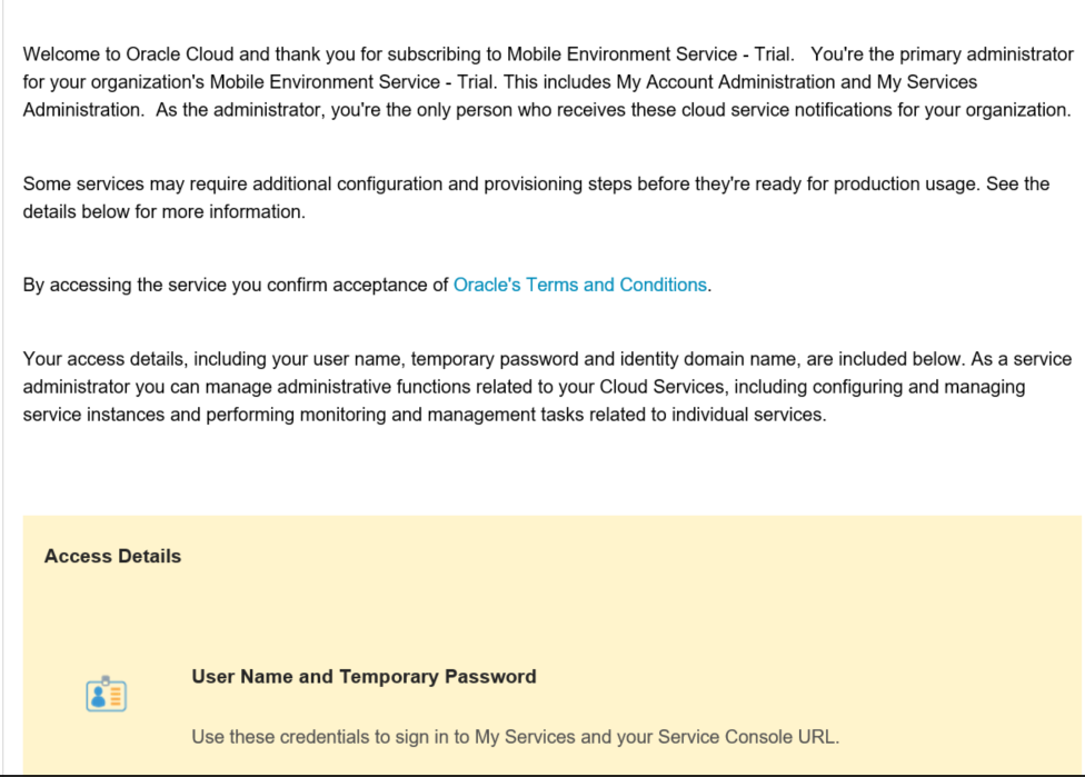 Oracle Cloud - Welcome email