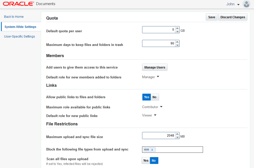 System-Wide Settings page