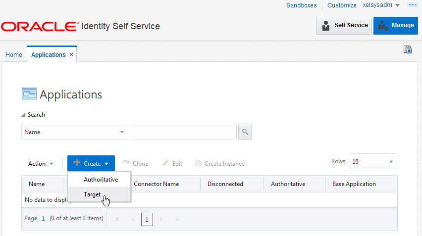Select the type to Application to create